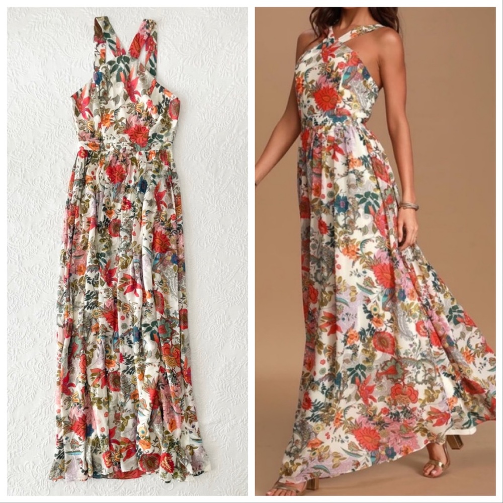 NWOT Lulus Lilja Cream Floral Print Maxi Dress Medium